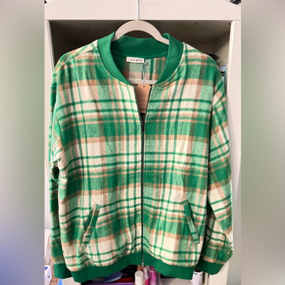Kori Green Cream Plaid Bomber Jacket